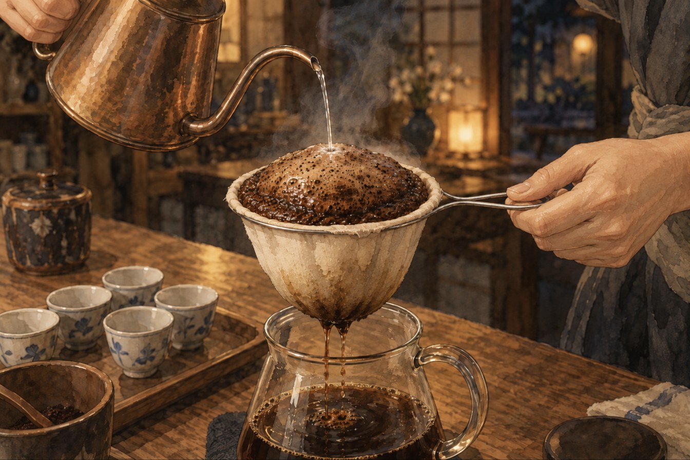 白いネルの中で、コーヒーの粉がドームのように縁より高く膨らみ、その真ん中に細口のケトルから細いお湯が落ちている水彩のイラスト。下にガラスのサーバー、手前にデミタスカップ
