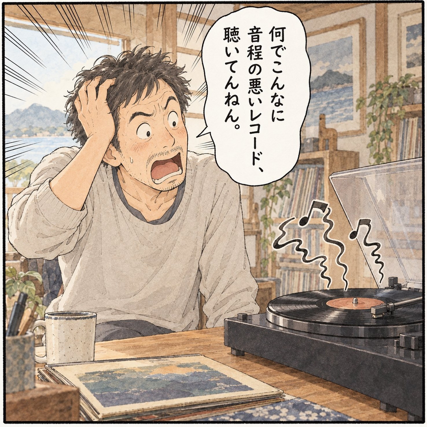 回転の合わないレコードプレーヤーの前で、頭を抱えて「何でこんなに音程の悪いレコード、聴いてんねん」と自分にツッコミを入れる男性のマンガ風イラスト