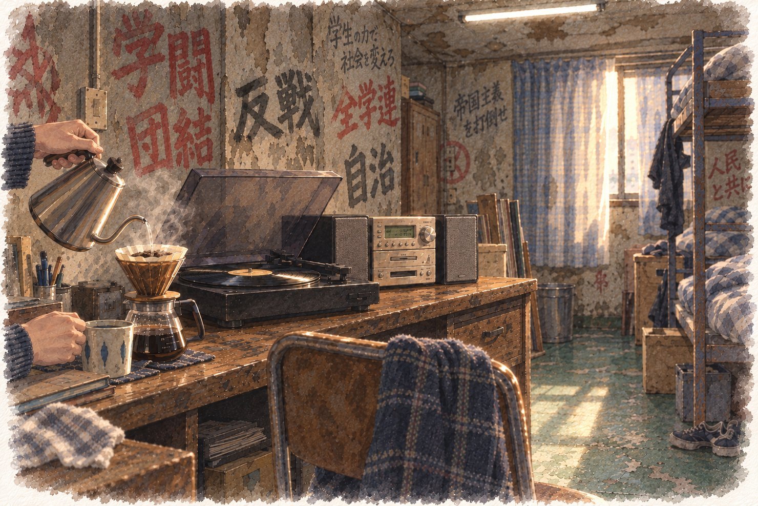 古い学生寮の一室の朝。落書きの文字が残る壁と二段ベッドの部屋で、机の上のレコードプレーヤーが回り、そのそばでケトルからドリッパーにお湯を注いでいる手元。KENWOODのミニコンポと、カーテンの隙間からの朝の光の水彩