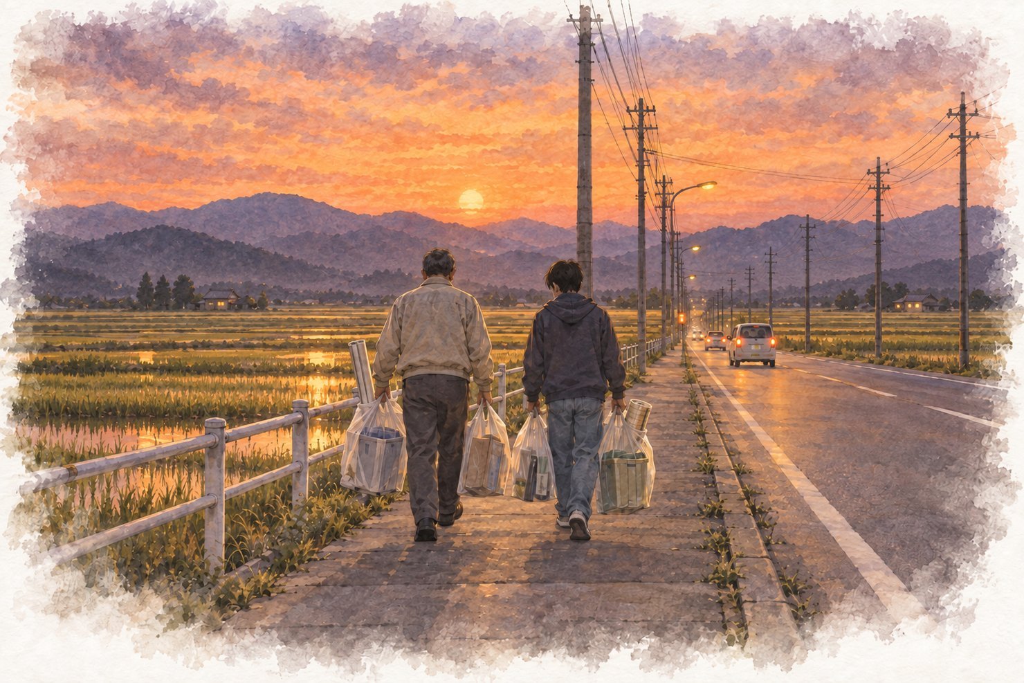 郊外の長い道を、ホームセンターの大きな袋を提げて並んで歩く父と息子の後ろ姿。夕方の光。顔は見えない水彩