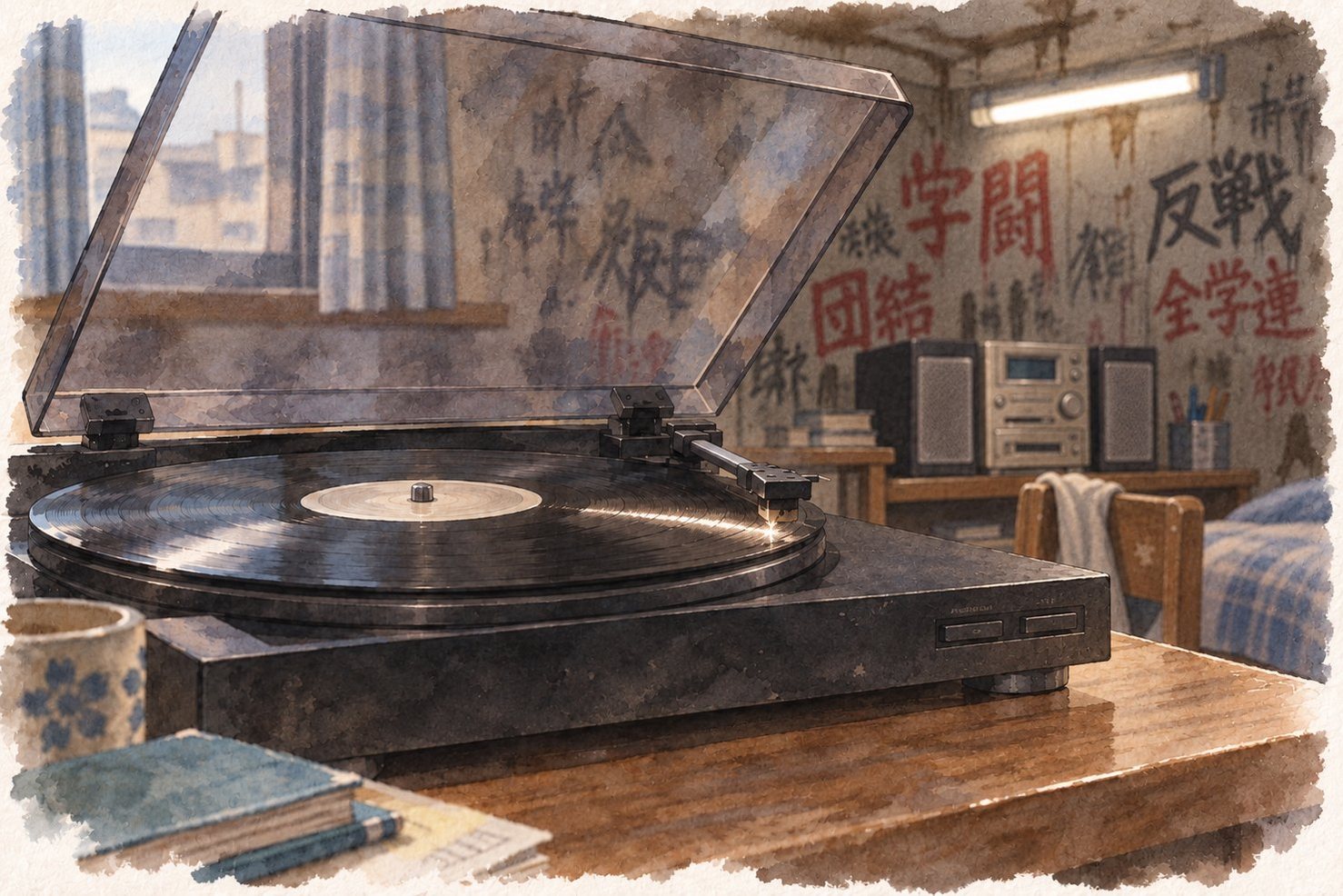 落書きの文字が残る壁の古い学生寮の机の上の、黒い安いフルオートのレコードプレーヤー。再生ボタンを押すと、トーンアームがひとりでにレコードの縁へ動いて降りようとしている。奥にKENWOODのミニコンポの水彩