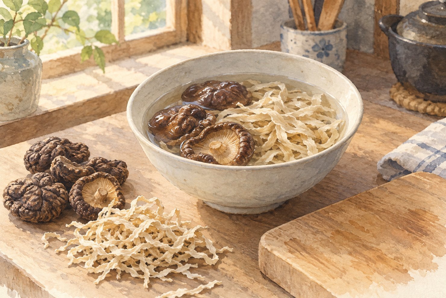 台所の白いボウルで、干し椎茸と切り干し大根を水で戻しているところ。となりに戻す前の乾いた椎茸と切り干し大根の水彩