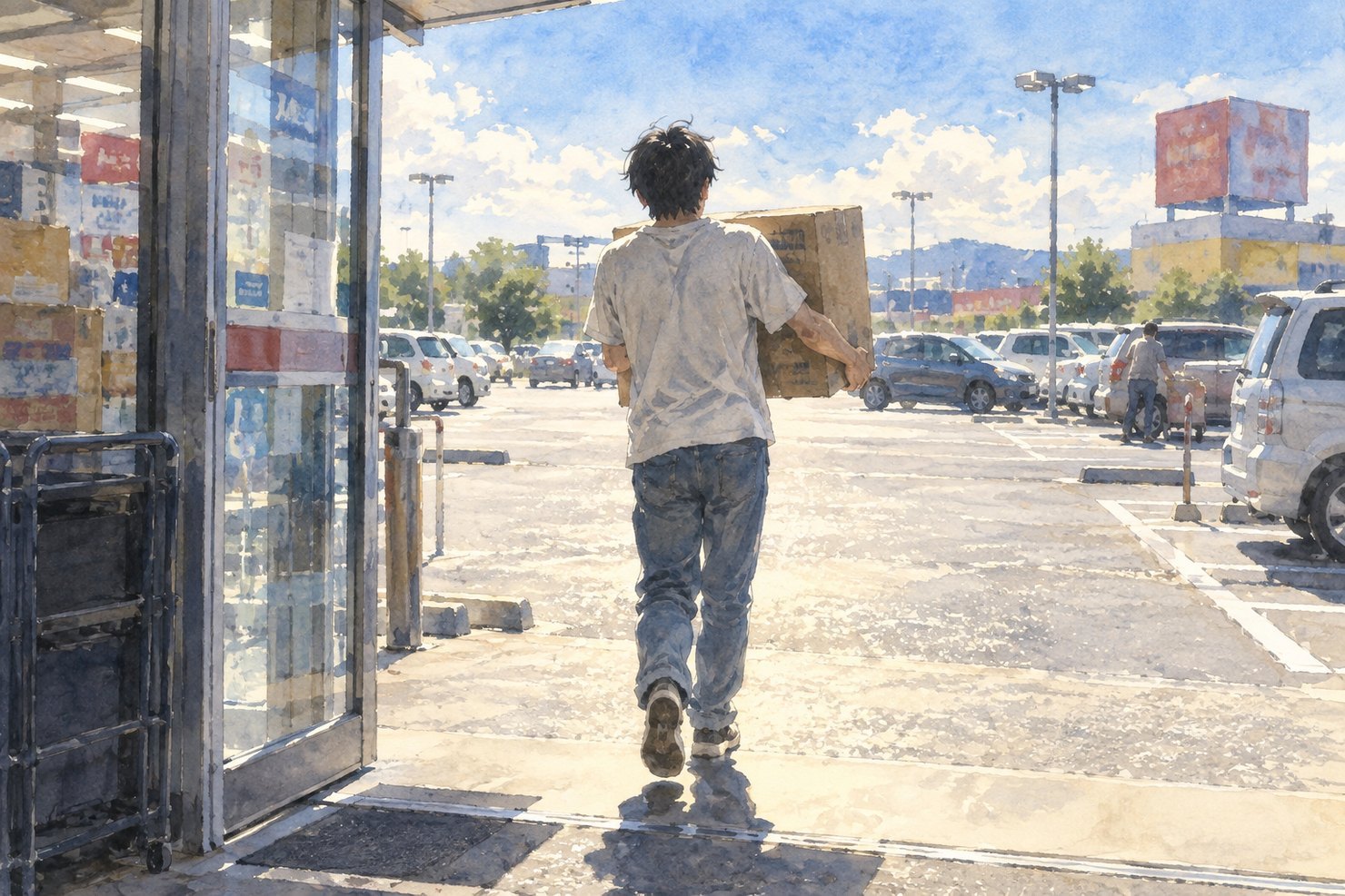 夏の家電量販店の出口から、ミニコンポの大きな箱を両手で抱えて歩き出す若い男の後ろ姿。強い日差しの水彩