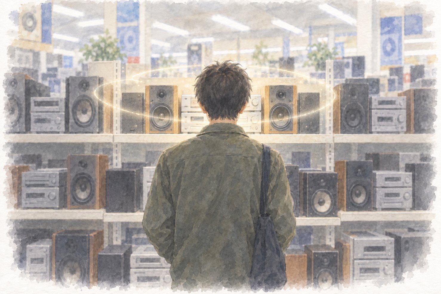 家電量販店のオーディオ売り場で、棚に並んだコンポのうち一台の前に立って聴き入る若い男の後ろ姿。その一台のまわりだけ、音が光の輪のように広がっている水彩