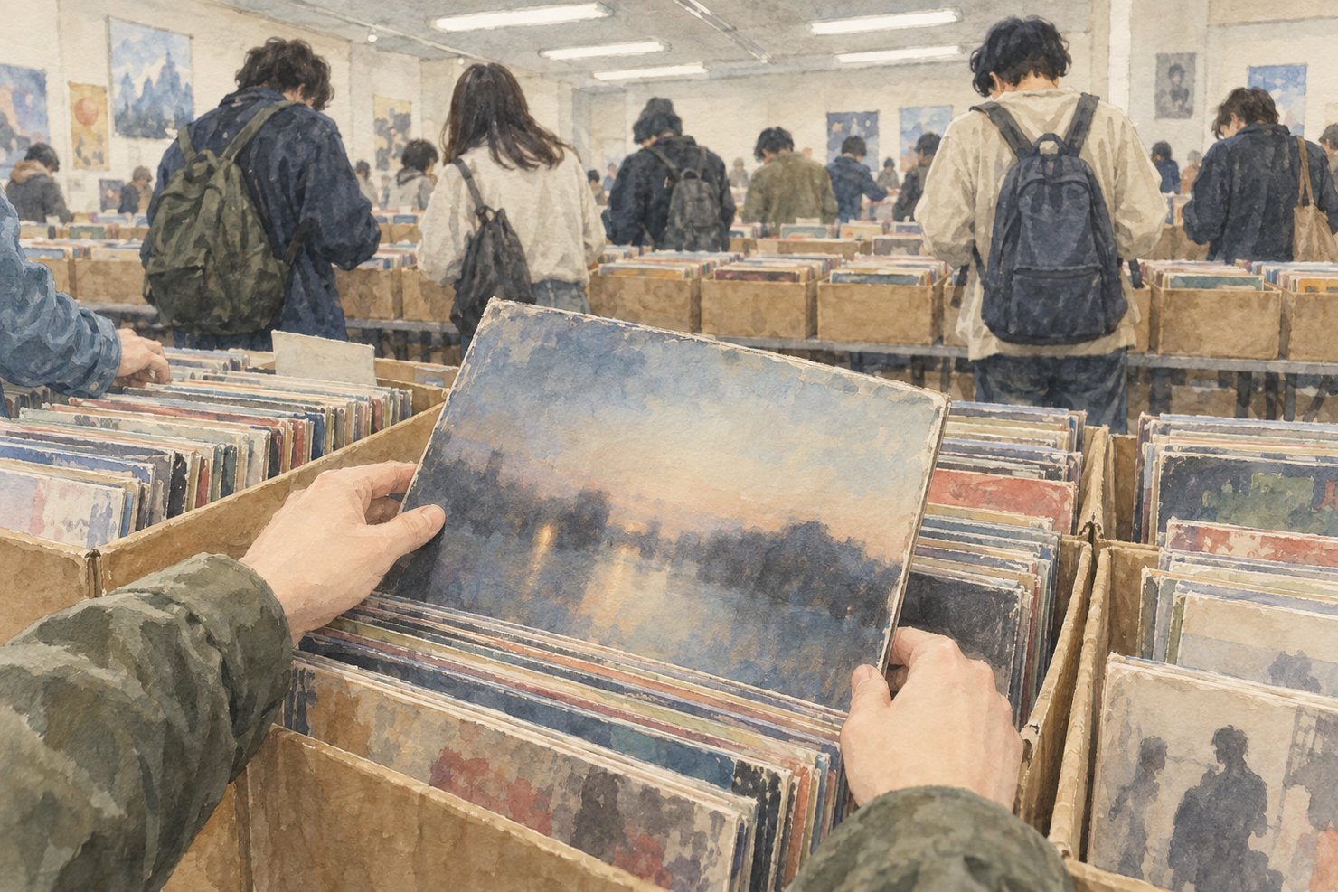 中古レコード市の会場。段ボール箱にぎっしり並んだレコードを掘る人たちの後ろ姿と、一枚引き抜いてジャケットを眺める手元の水彩