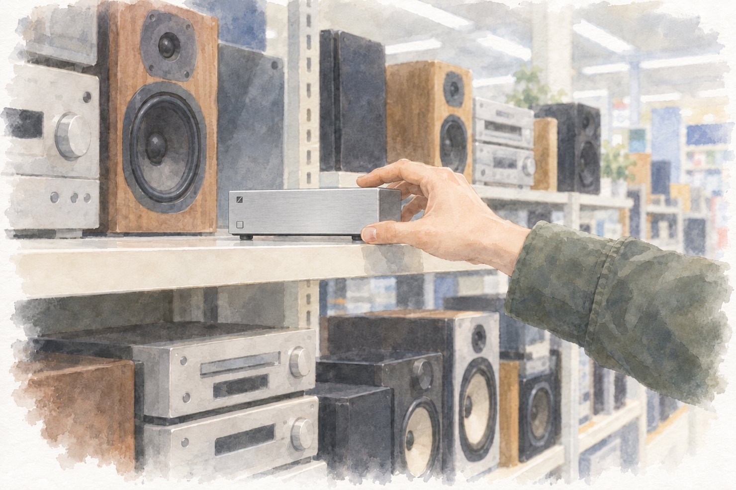 2000年ごろの家電量販店のオーディオ売り場。棚に一台だけ残った、薄くて横長のシルバーグレーの箱(ONKYOのフォノイコライザーPE-155)に手を伸ばしているところ。まわりにミニコンポとスピーカーが並ぶ水彩