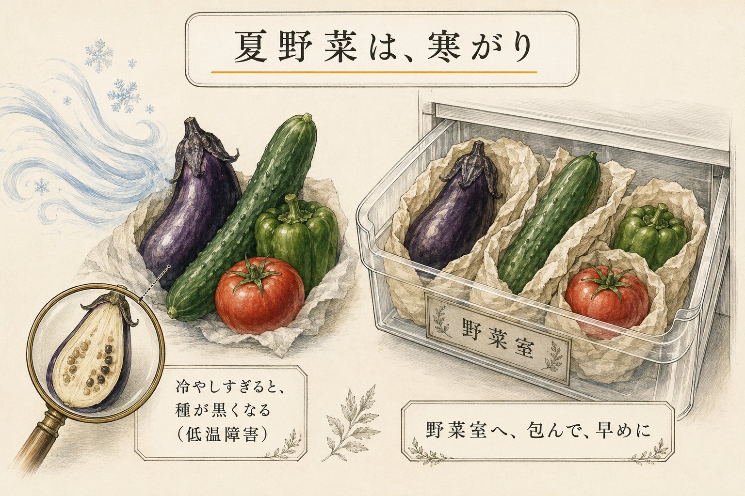 夏野菜は寒がり（低温障害の図解）