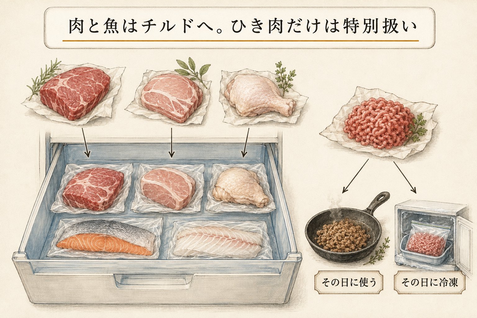 肉と魚はチルドへ。ひき肉だけは特別扱い（図解）