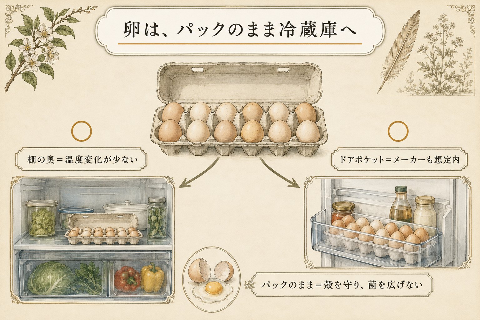卵はパックのまま冷蔵庫へ（図解）