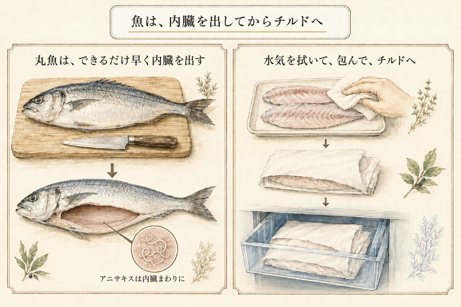 魚は内臓を出してからチルドへ（図解）