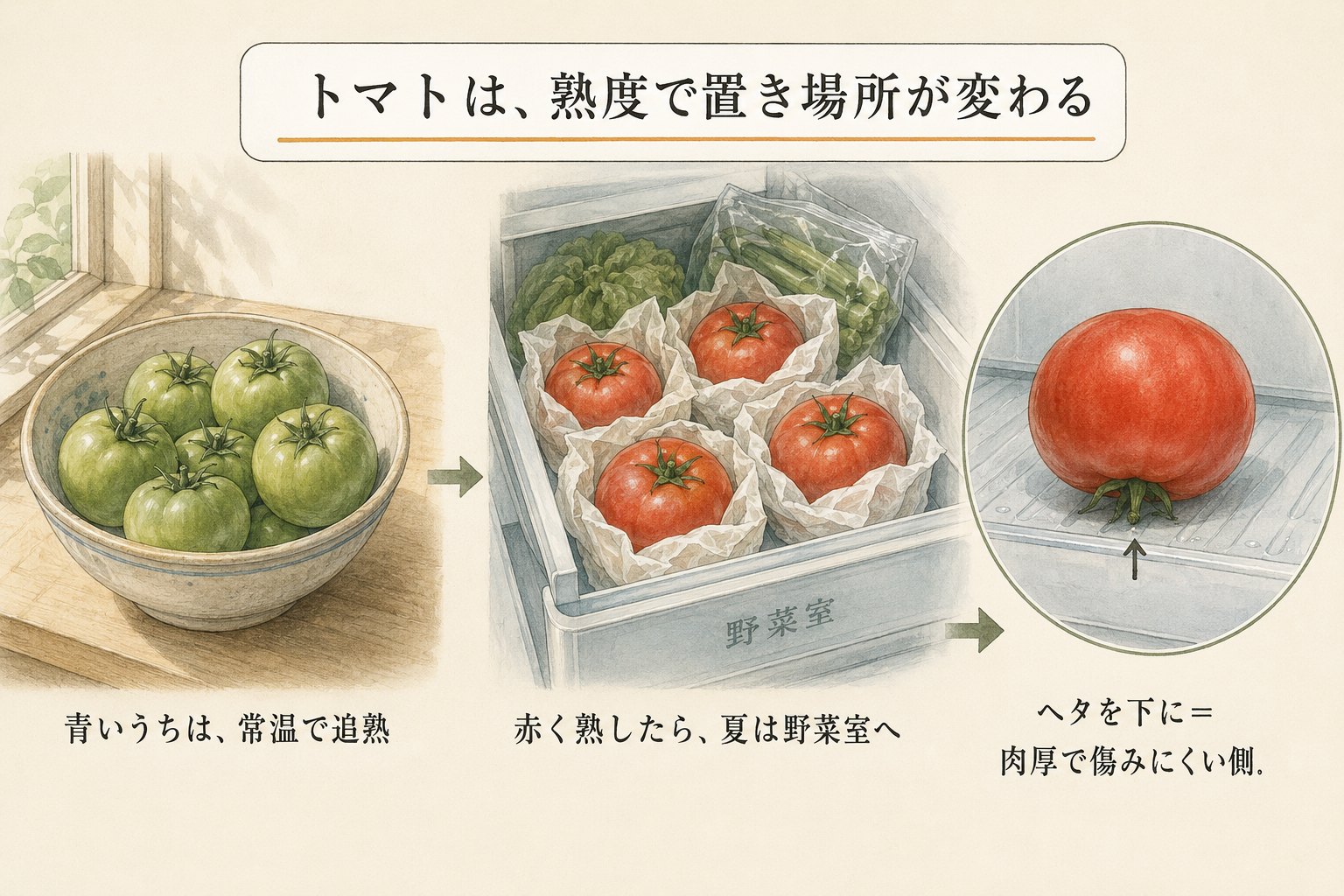 トマトは熟度で置き場所が変わる（図解）