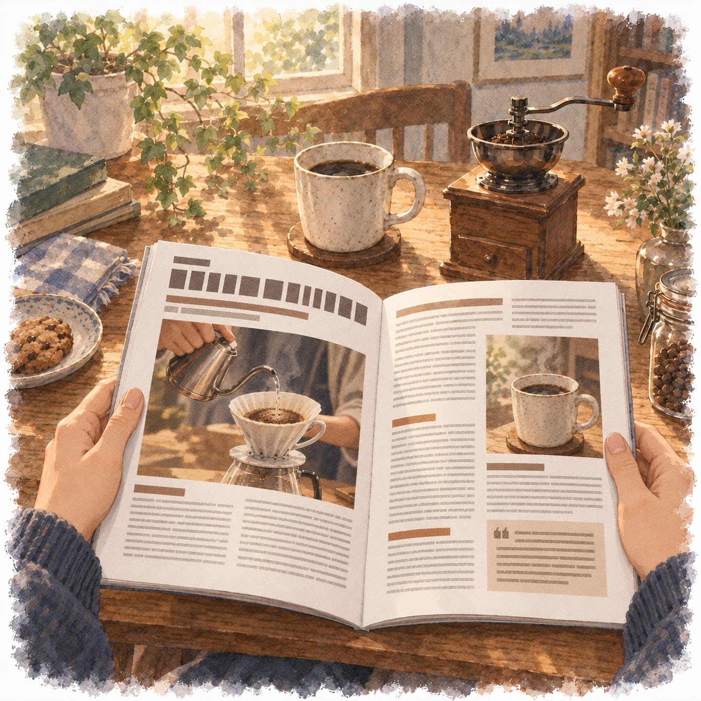 自分の両手で開いたコーヒー雑誌を読んでいる一人称視点の水彩イラスト