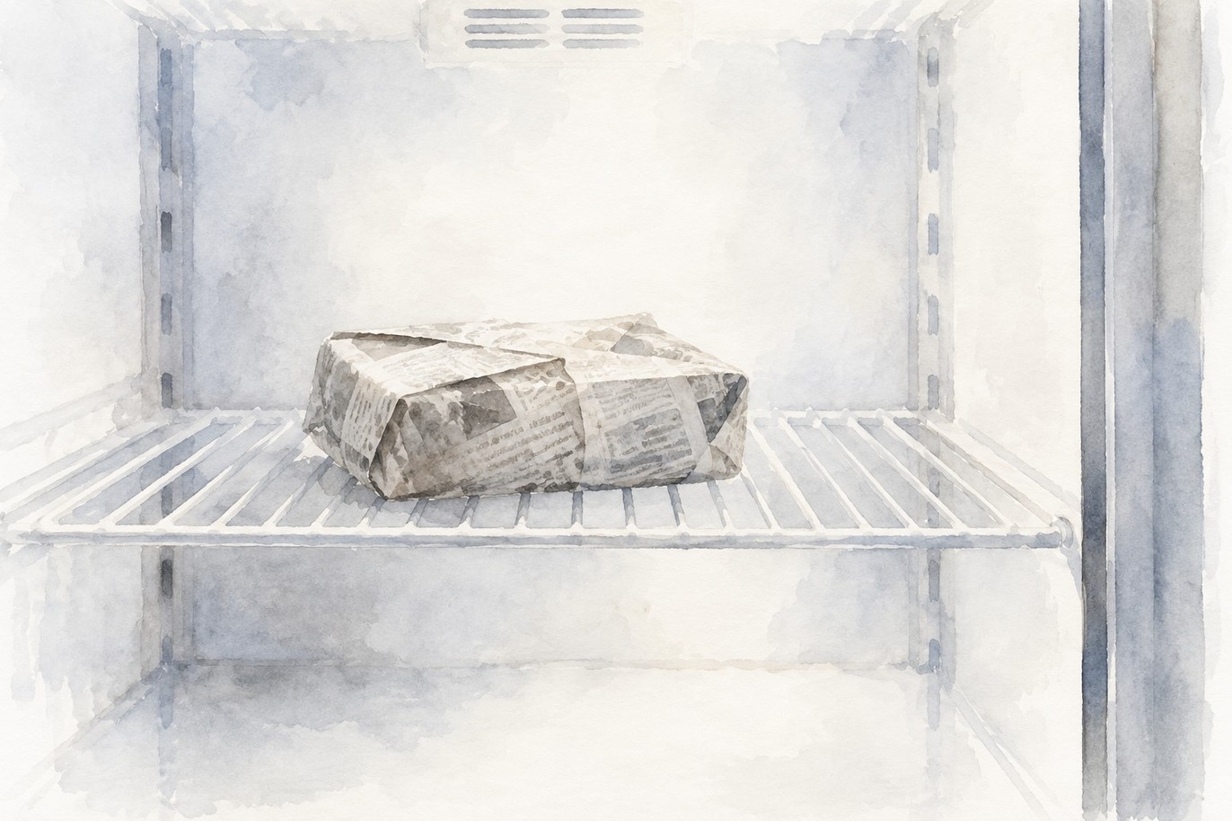 冷蔵庫の中の新聞紙の包みの水彩イラスト
