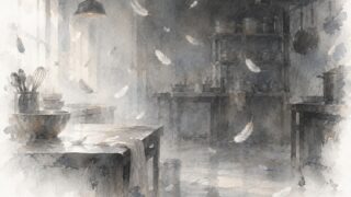 厨房に舞う羽根の水彩イラスト
