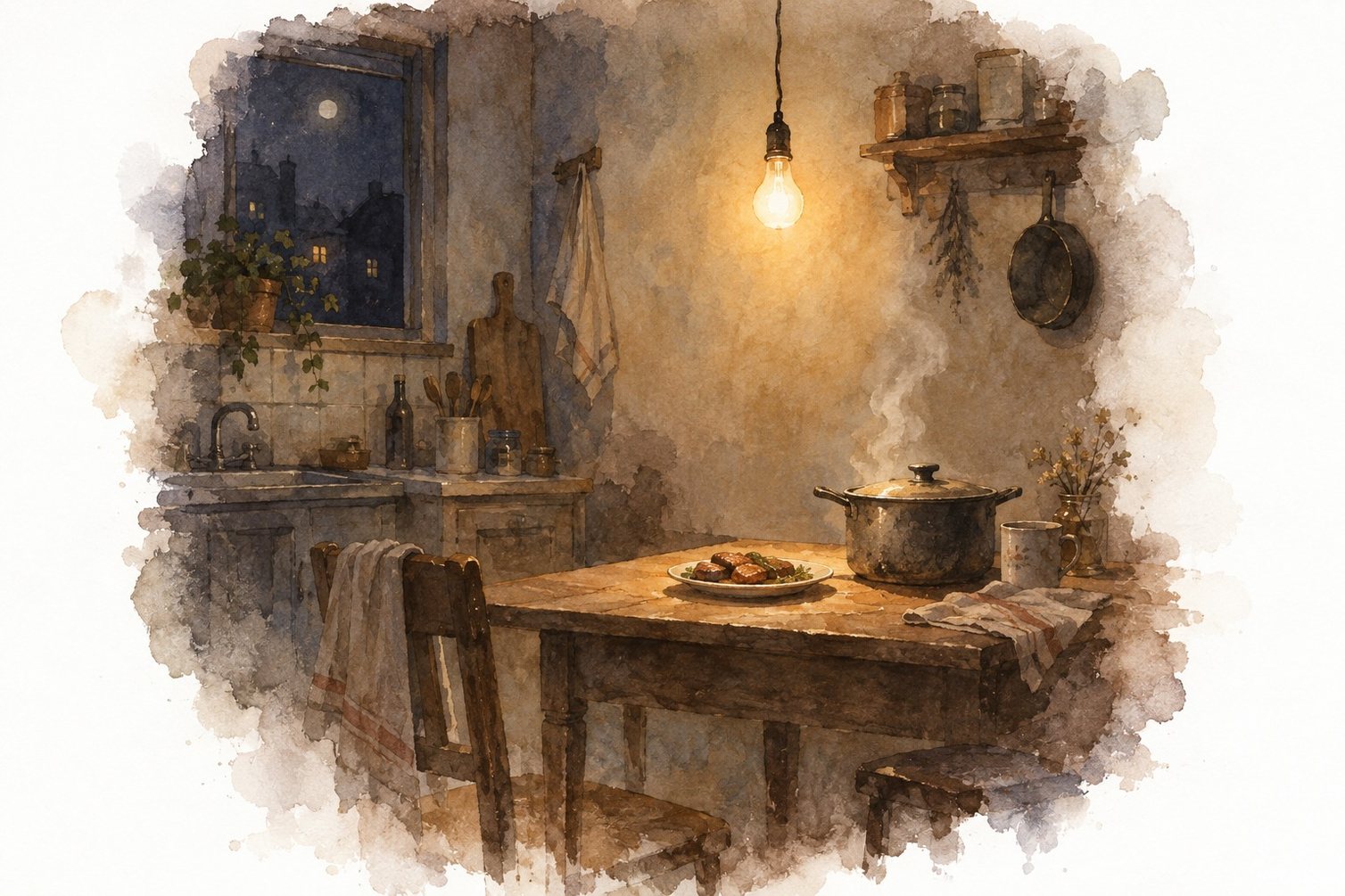 夜中の台所の一皿の水彩イラスト