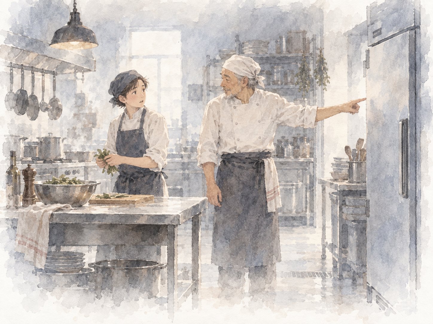 暇な日の厨房でシェフが冷蔵庫を指さす水彩イラスト
