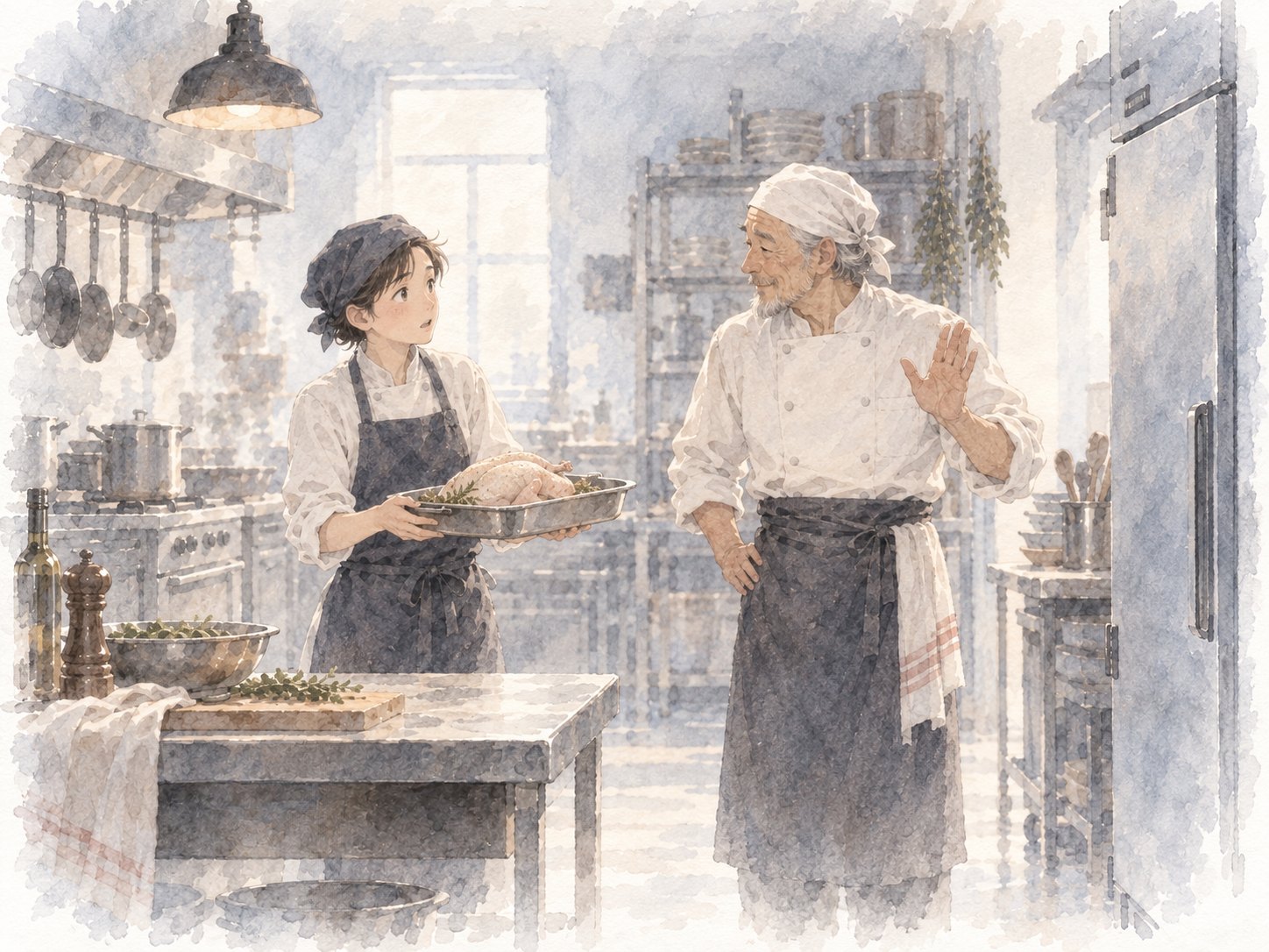 処理を終えた鳥を差し出す若い料理人と手を振るシェフの水彩イラスト