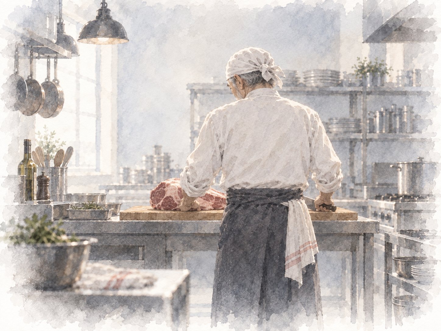 大きな肉の塊と向き合う料理人の後ろ姿の水彩イラスト