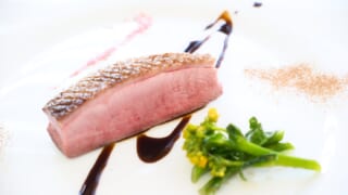 白い皿に盛った鴨胸肉のロースト。黒いバルサミコと赤ワインのソースの線と、菜の花
