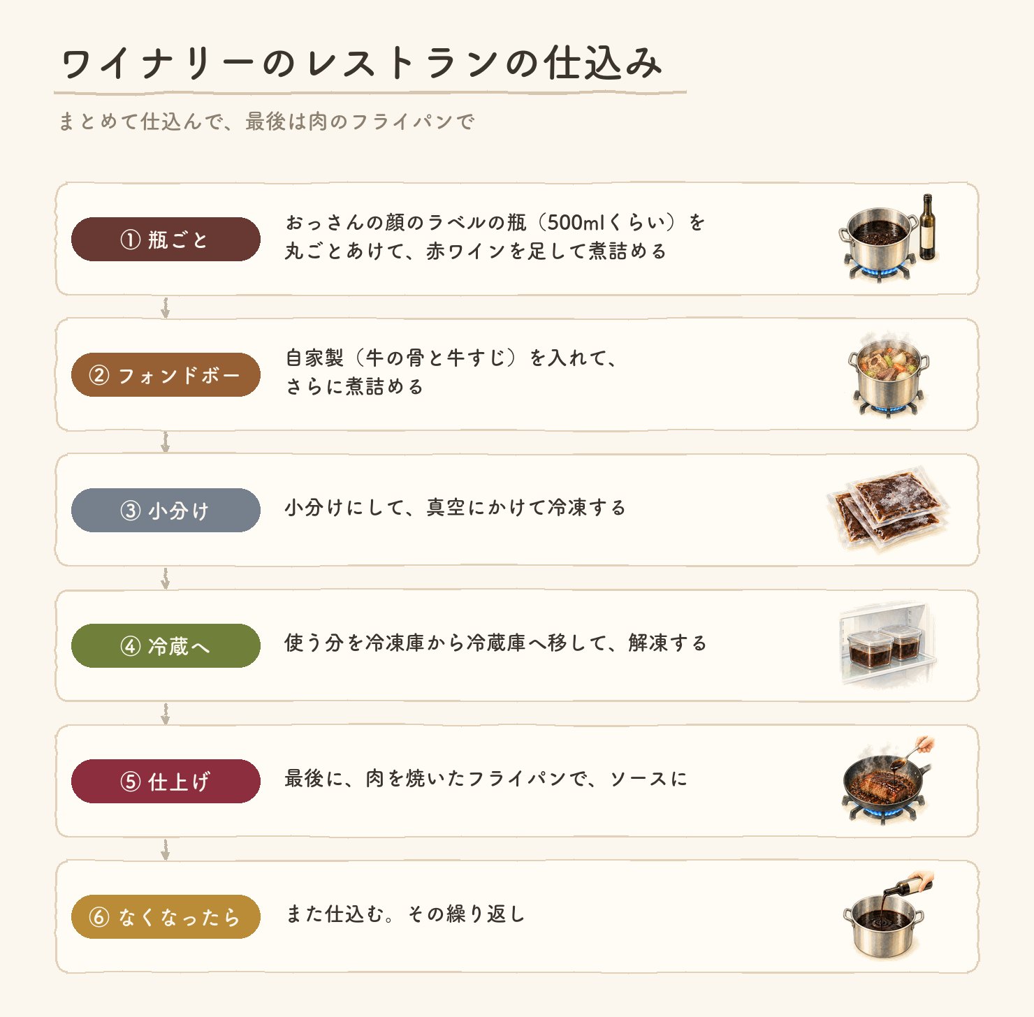 ワイナリーのレストランの仕込み。まとめて仕込んで、最後は肉のフライパンで。①おっさんの顔のラベルの瓶（500mlくらい）を丸ごとあけて、赤ワインを足して煮詰める。②自家製のフォンドボー（牛の骨と牛すじ）を入れて、さらに煮詰める。③小分けにして、真空にかけて冷凍する。④使う分を冷凍庫から冷蔵庫へ移して、解凍する。⑤最後に、肉を焼いたフライパンで、ソースに。⑥なくなったら、また仕込む、その繰り返し。各段に水彩の小さな絵つき