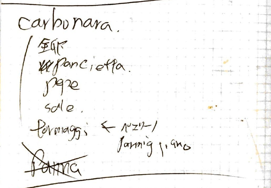 手書きのノートのカルボナーラのページ。全卵、パンチェッタ、胡椒、塩、チーズ(ペコリーノ・パルミジャーノ)。いちばん下の Panna(生クリーム)に×