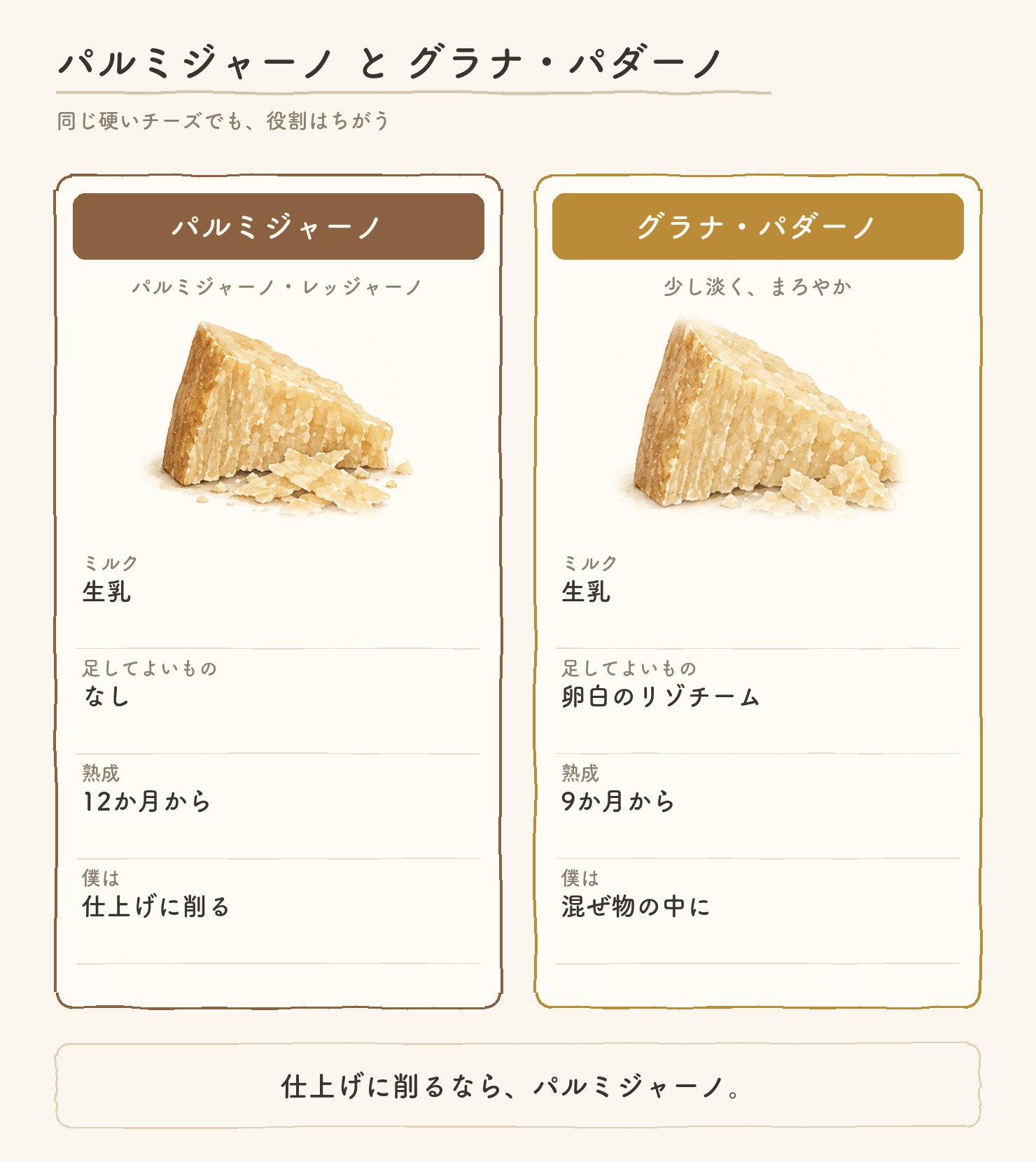 パルミジャーノ・レッジャーノとグラナ・パダーノの違い。どちらも生乳。パルミジャーノは何も足さず12か月から、グラナは卵白のリゾチームが認められ9か月から
