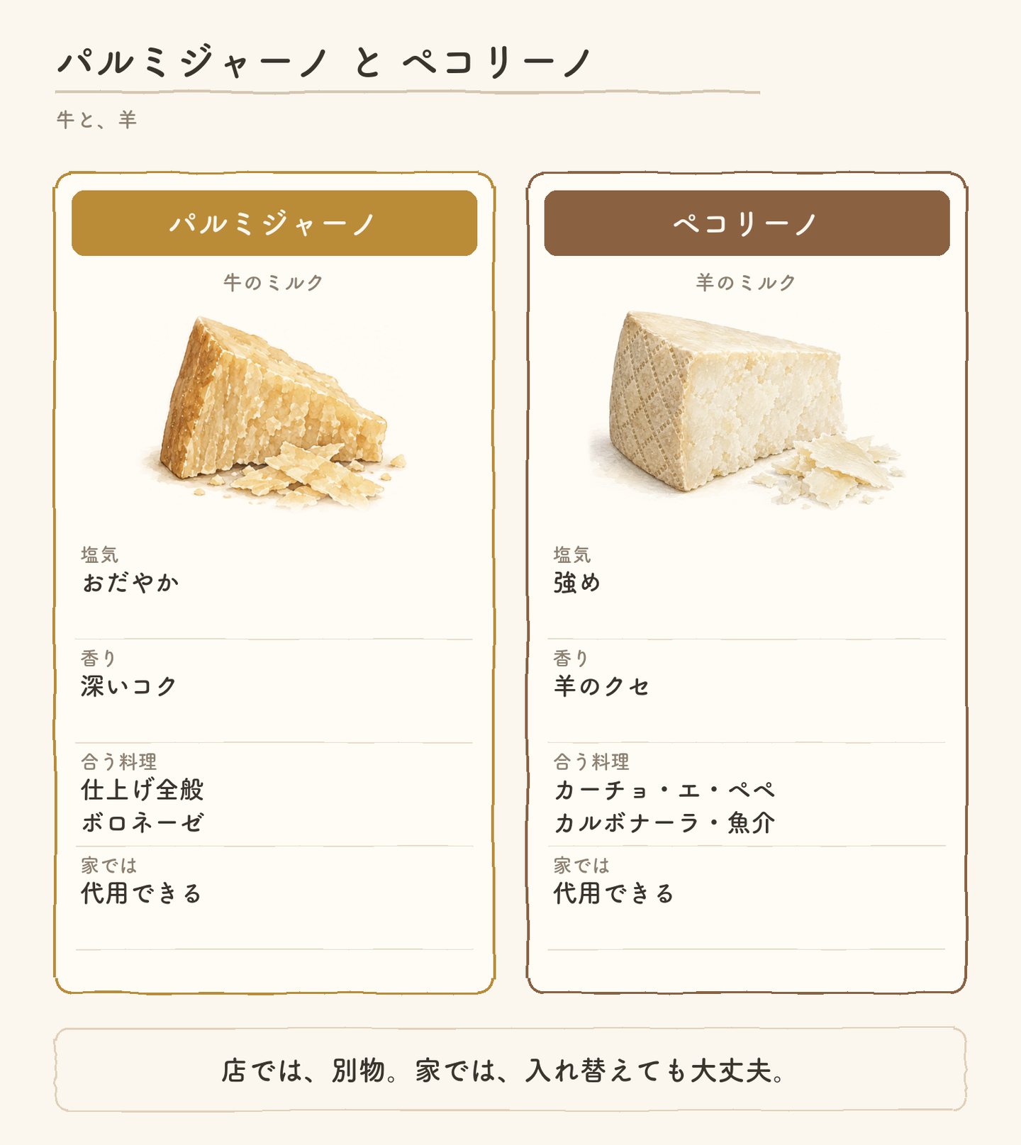 パルミジャーノとペコリーノの違い。牛と羊、塩気、香り、合う料理