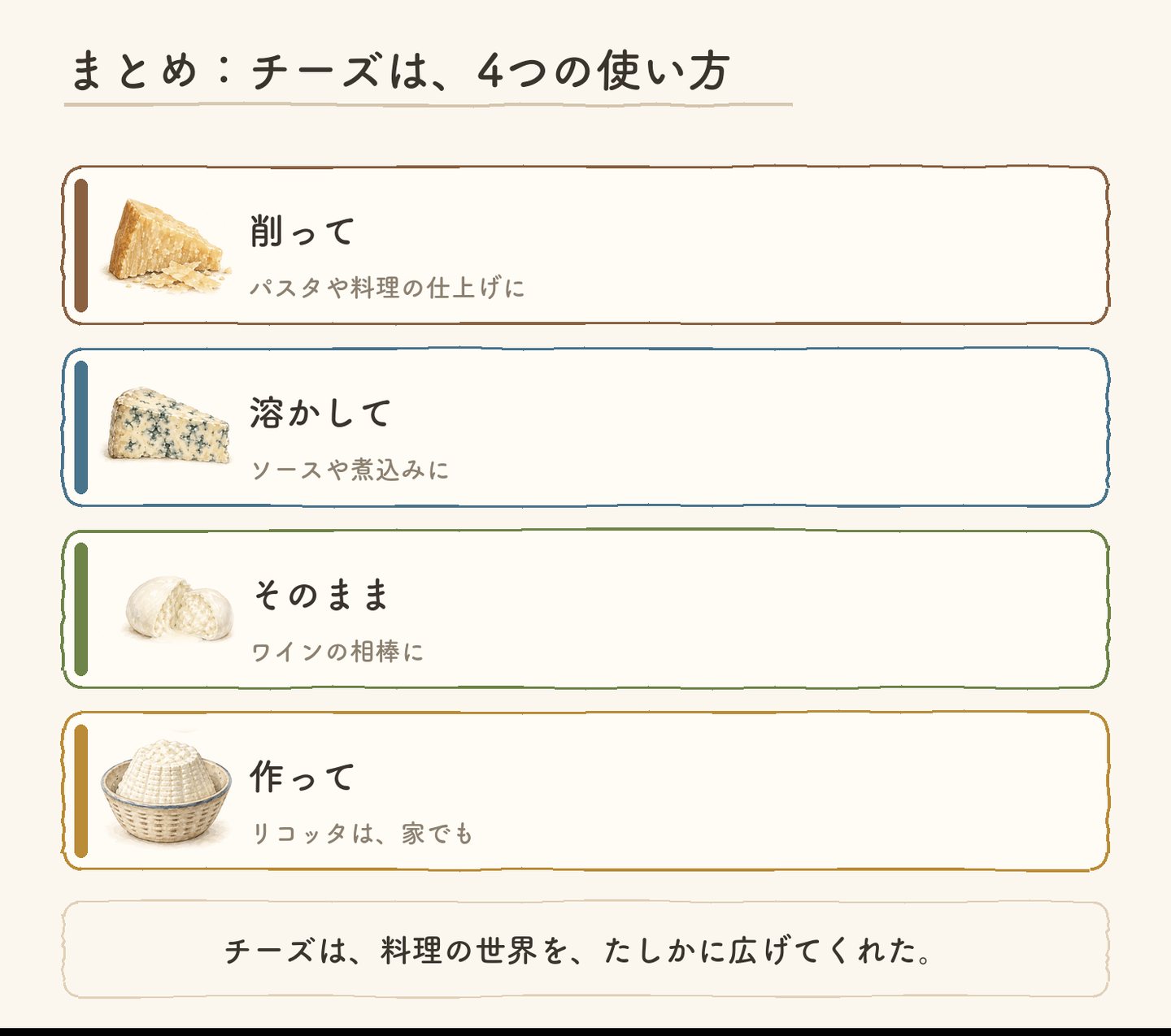まとめ。チーズは4つの使い方。削って、溶かして、そのまま、作って