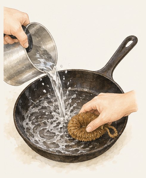 使ったあとの鉄のフライパンを、熱いうちにお湯とタワシで洗う