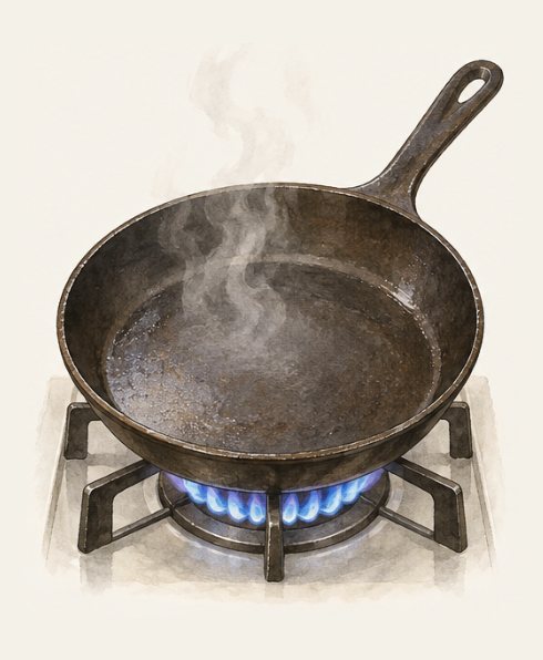 洗った鉄のフライパンを火にかけて、乾かす