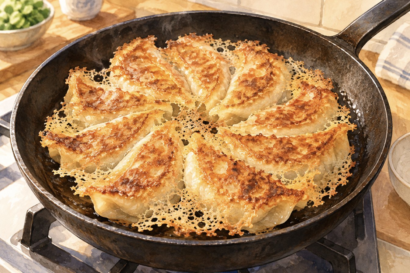 鉄のフライパンで焼いた、こんがり焼き色の羽根つき餃子の水彩画