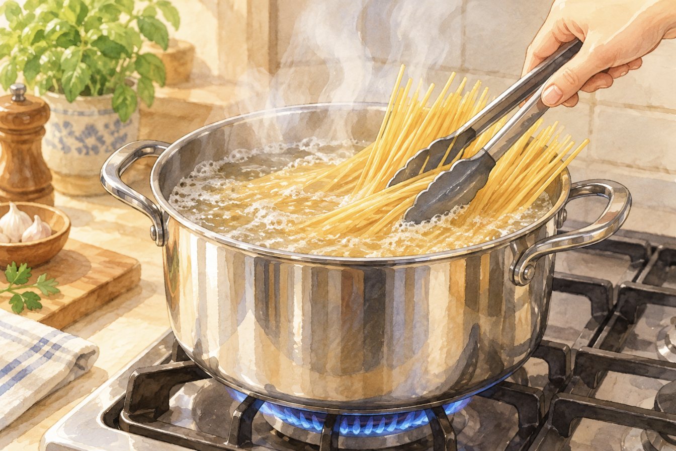 ステンレスの深鍋で、たっぷりのお湯でスパゲッティを茹でている水彩画