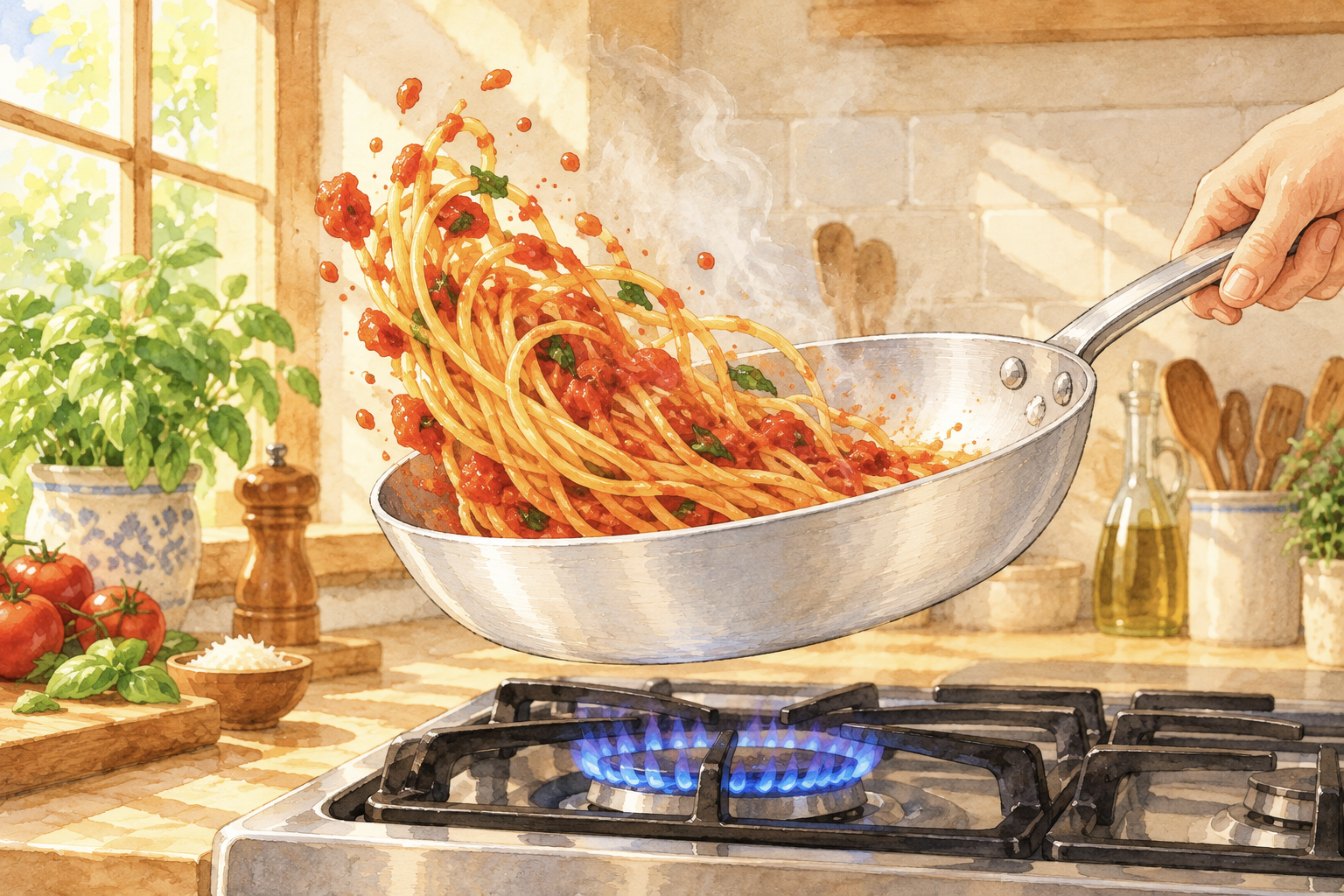 薄いアルミのフライパンをあおって、トマトソースとスパゲッティを合わせている水彩画