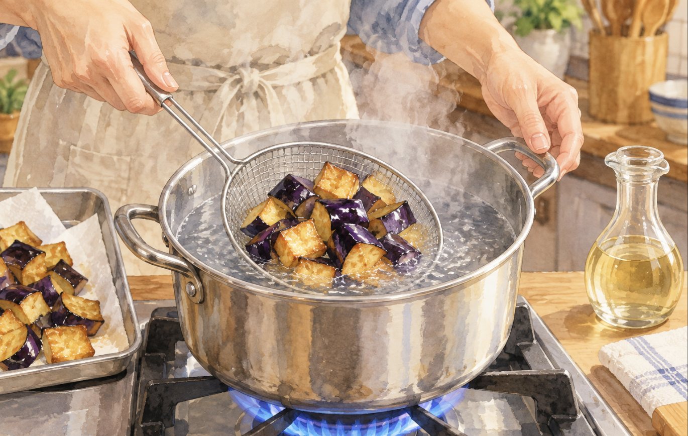 揚げたての角切りのナスを網じゃくしにのせて、酢を少し入れたお湯にさっとくぐらせる手元
