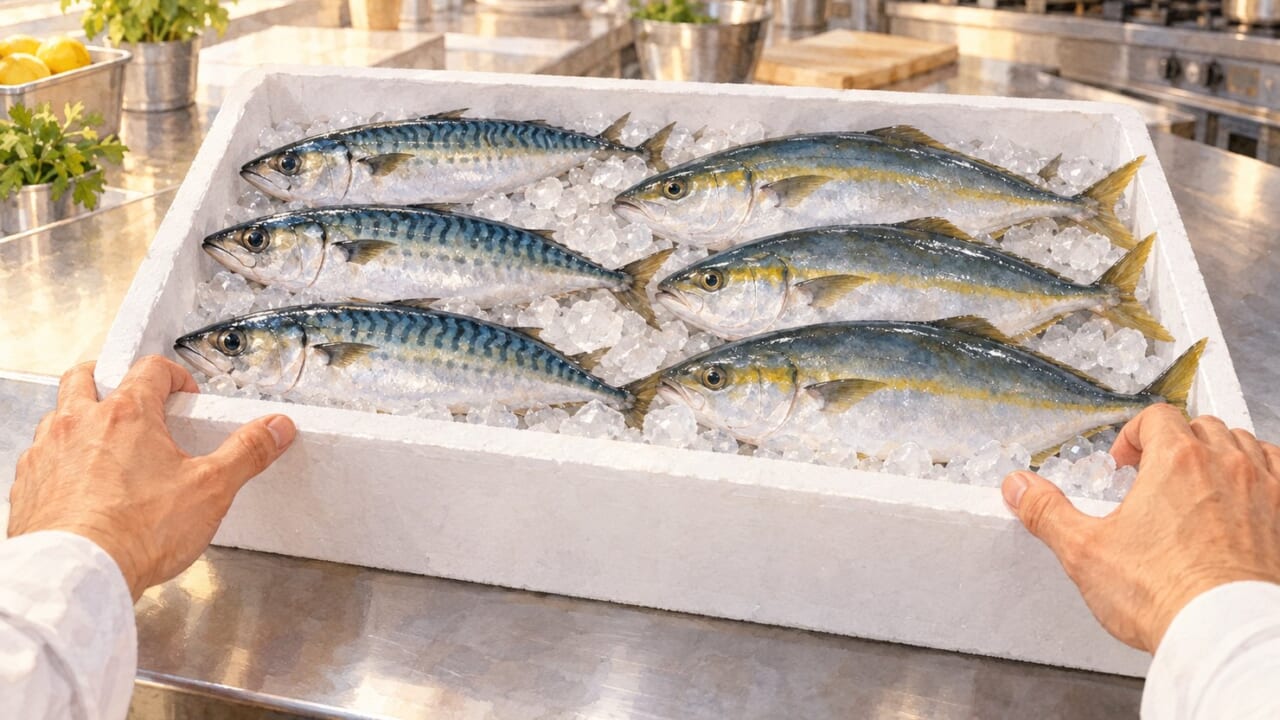 氷を敷いた発泡スチロールの箱に並んだサバとブリと、箱のふちにかかる料理人の両手を描いた水彩画