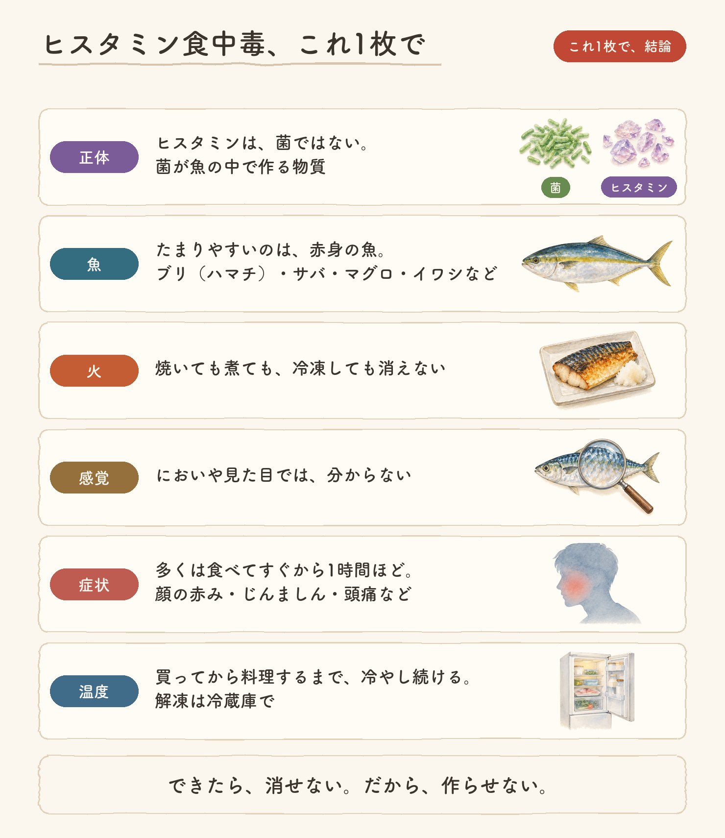 ヒスタミン食中毒、これ1枚で。正体：ヒスタミンは菌ではなく、菌が魚の中で作る物質。魚：たまりやすいのは赤身の魚（ブリ・ハマチ・サバ・マグロ・イワシなど）。火：焼いても煮ても、冷凍しても消えない。感覚：においや見た目では分からない。症状：多くは食べてすぐから1時間ほど、顔の赤み・じんましん・頭痛など。温度：買ってから料理するまで冷やし続ける、解凍は冷蔵庫で。できたら、消せない。だから、作らせない