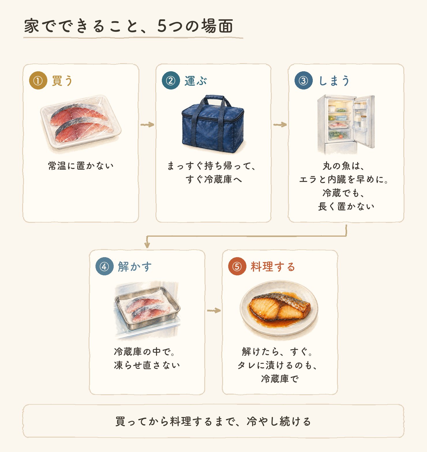 家でできること、5つの場面。①買う：常温に置かない ②運ぶ：まっすぐ持ち帰ってすぐ冷蔵庫へ ③しまう：丸の魚はエラと内臓を早めに、冷蔵でも長く置かない ④解かす：冷蔵庫の中で、凍らせ直さない ⑤料理する：解けたらすぐ、タレに漬けるのも冷蔵庫で。買ってから料理するまで、冷やし続ける
