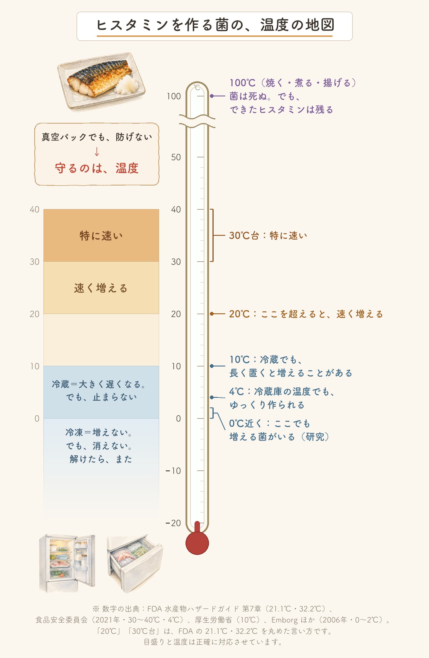 ヒスタミンを作る菌の、温度の地図。縦の温度計に、30℃台で特に速い、20℃を超えると速く増える、10℃の冷蔵でも長く置くと増えることがある、0℃近くでも増える菌がいる、冷凍は増えないが消えない・解けたらまた、100℃でも菌は死ぬがヒスタミンは残る。真空パックでも防げない、守るのは温度