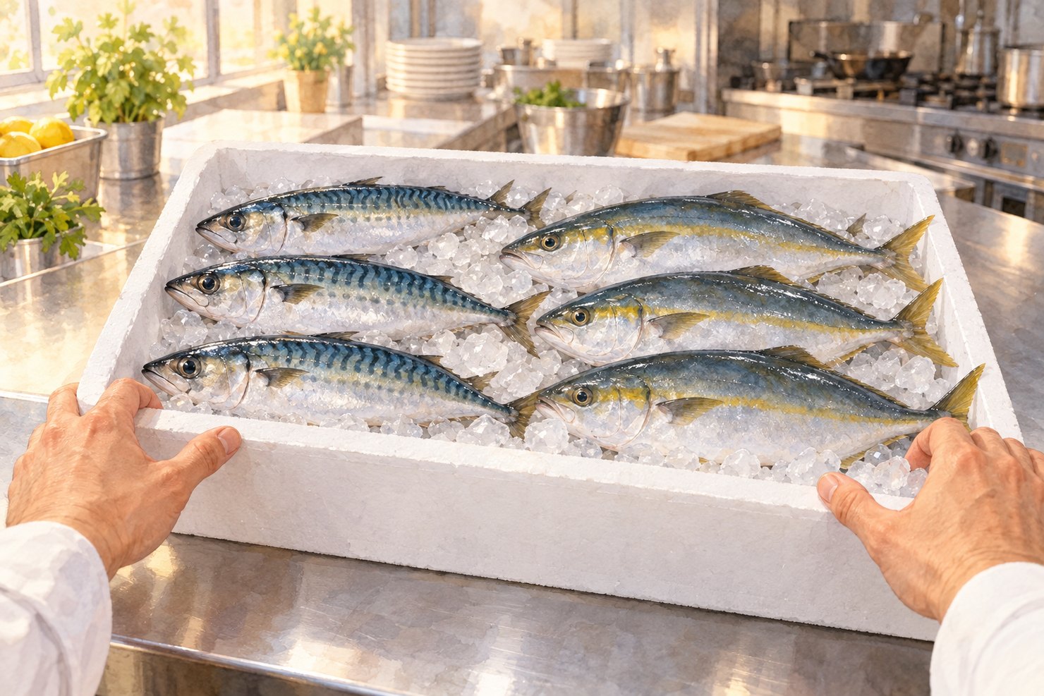 朝の厨房で、氷を敷いた発泡スチロールの箱にサバとブリが並び、料理人の両手が箱のふちにかかっている様子を描いた水彩画