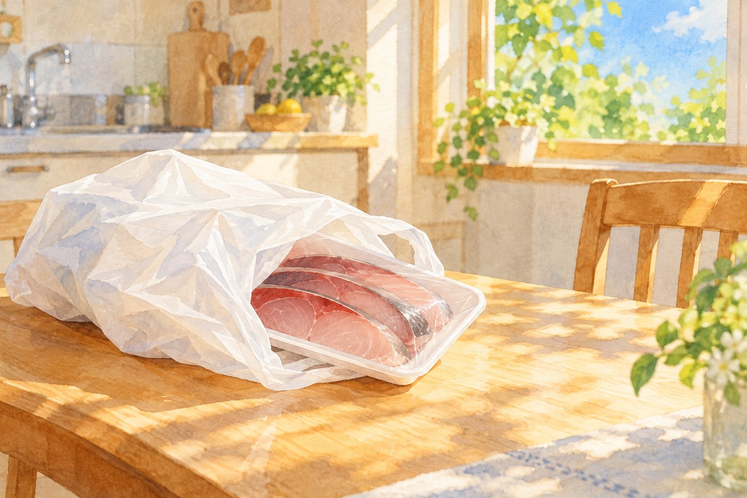 夏の日の台所のテーブルに、レジ袋から出しかけた魚の切り身のパックが置いたままになっている様子を描いた水彩画
