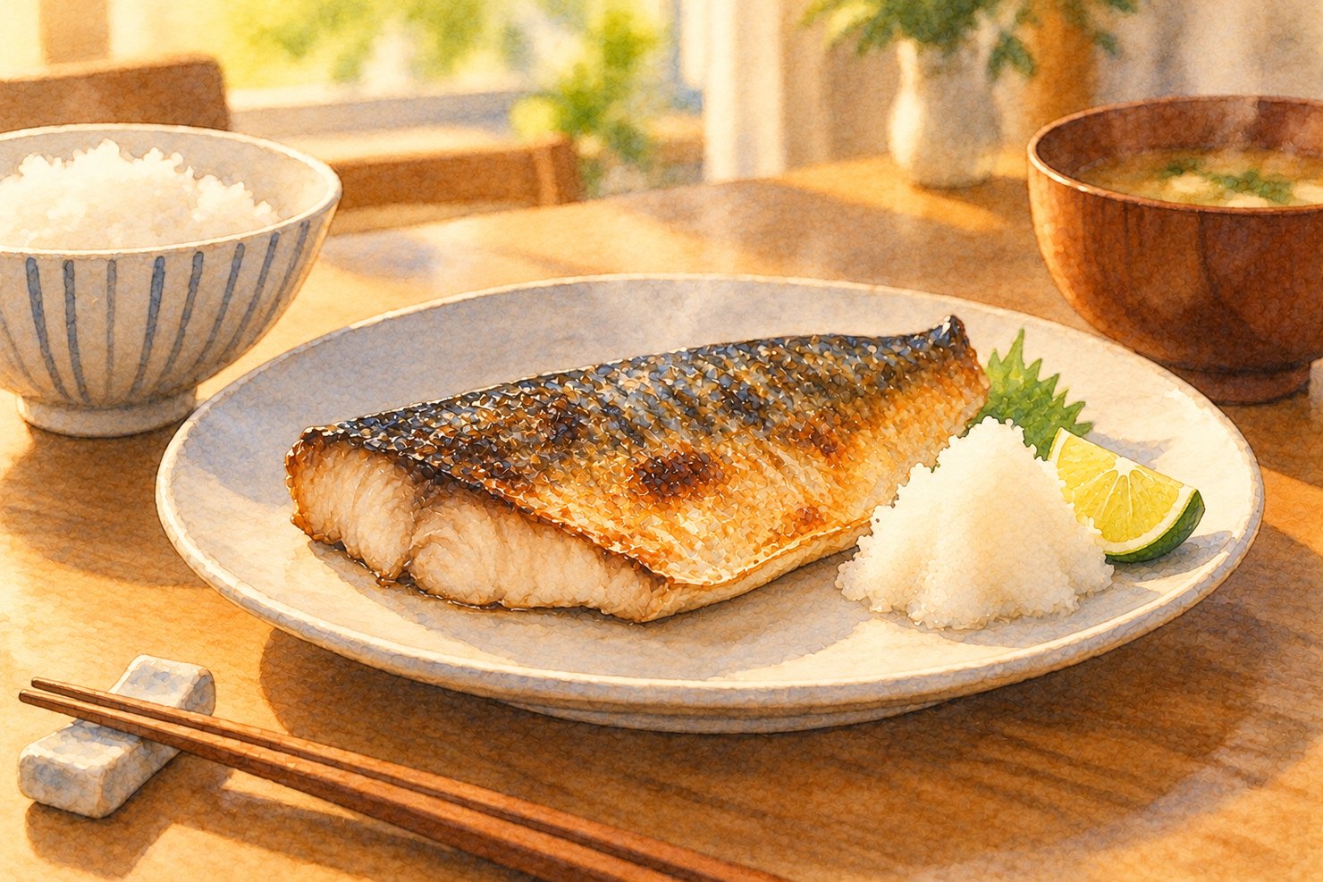 家の食卓の白いお皿に、サバの塩焼きと大根おろし、ごはんとみそ汁が並ぶ様子を描いた水彩画