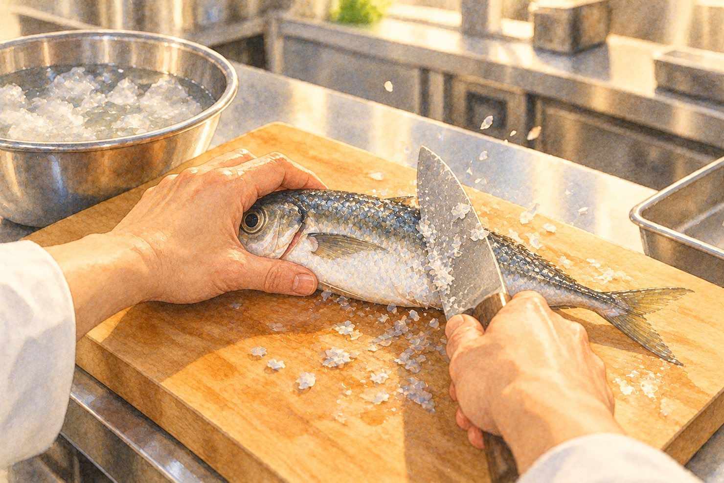 まな板の上で、出刃包丁で青魚の鱗を引く料理人の手元と、氷水を張ったボウルを描いた水彩画