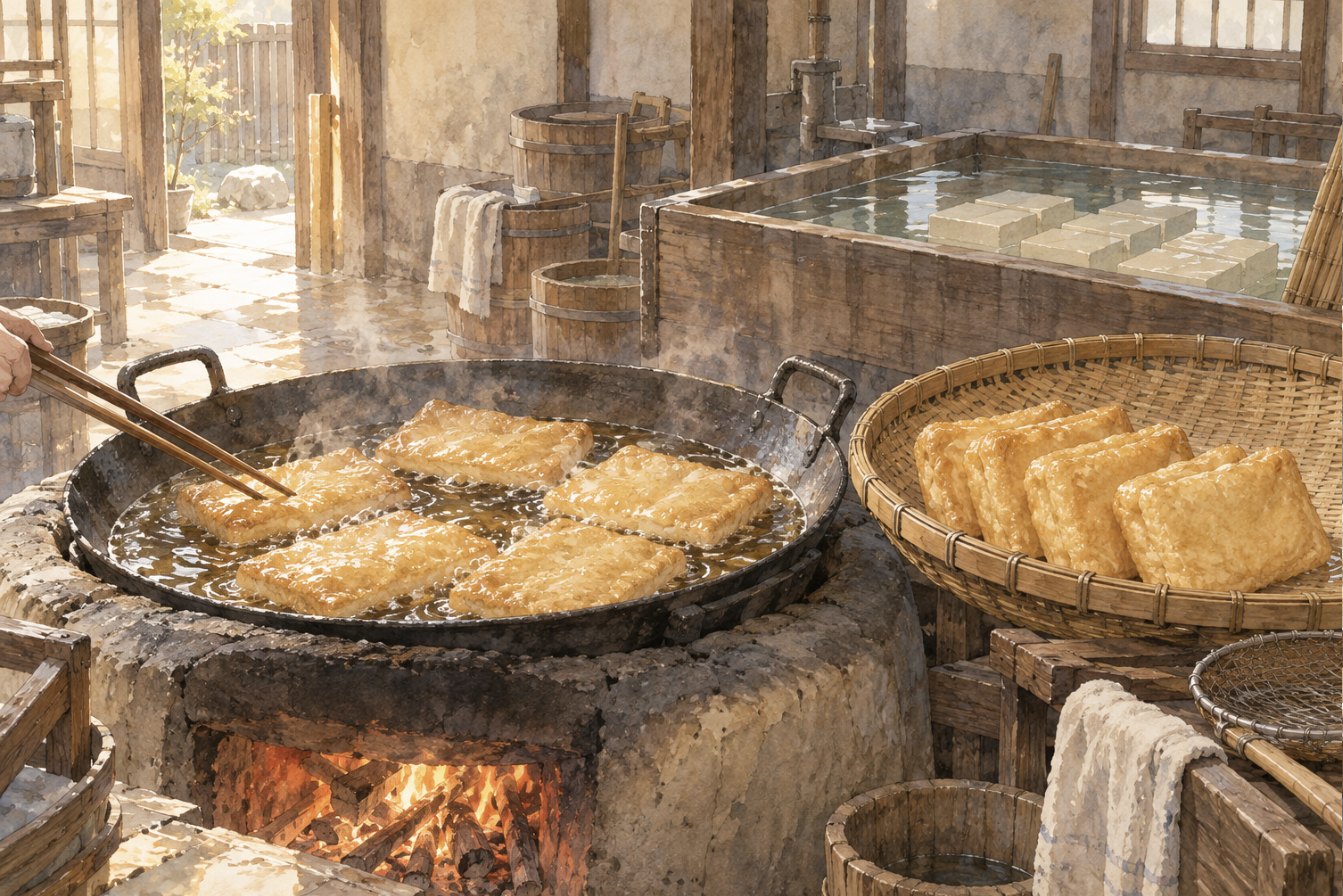 昔の豆腐屋の土間で、大きな鍋で油揚げを揚げている水彩画