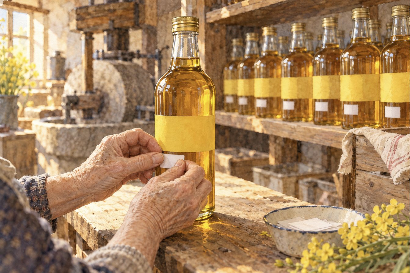 菜種油の瓶のラベルの下に、生産者名の小さな白いシールを指で押さえて貼っている手元の水彩画