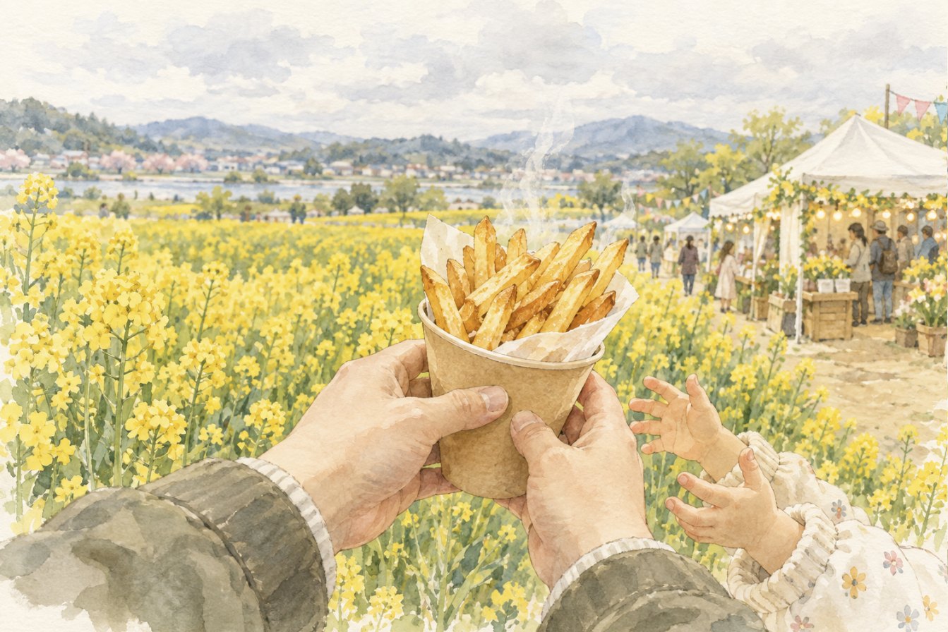 菜の花畑を背に、揚げたてのポテトのカップを子どもの手に渡している一人称視点の水彩画