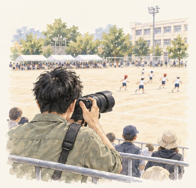 小学校の運動会。観客席から、大きな望遠レンズの一眼を構える父親の後ろ姿。遠くの校庭を、子どもたちが走っている。水彩画