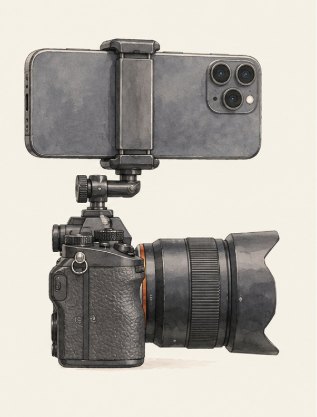 ミラーレス一眼カメラのホットシューに、クリップでスマートフォンを挟んで載せたところ。真横から。水彩画