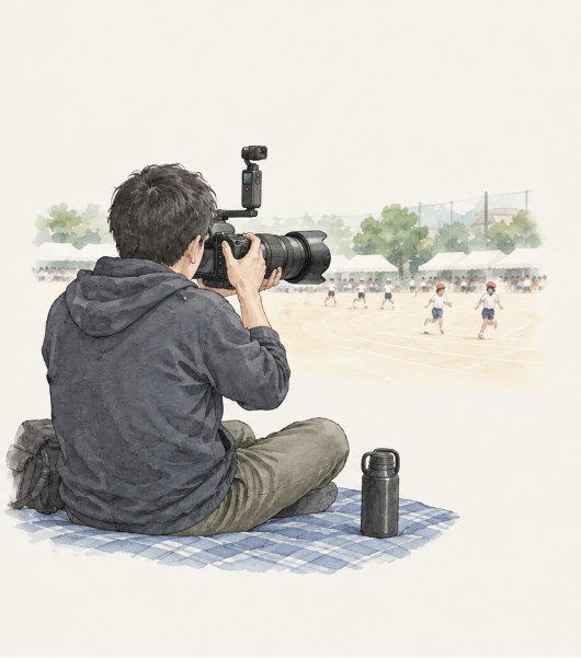 運動会の客席でレジャーシートに座った父親の後ろ姿。望遠レンズの一眼カメラを構え、その上のアームに小さなジンバルカメラが載っている。遠くのグラウンドで子どもたちが走っている。水彩画