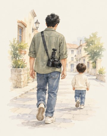 街を歩く父親の後ろ姿。一眼カメラを肩からストラップでぶら下げ、その上に小さなジンバルカメラが載っている。少し先を小さな子どもが歩いている。水彩画