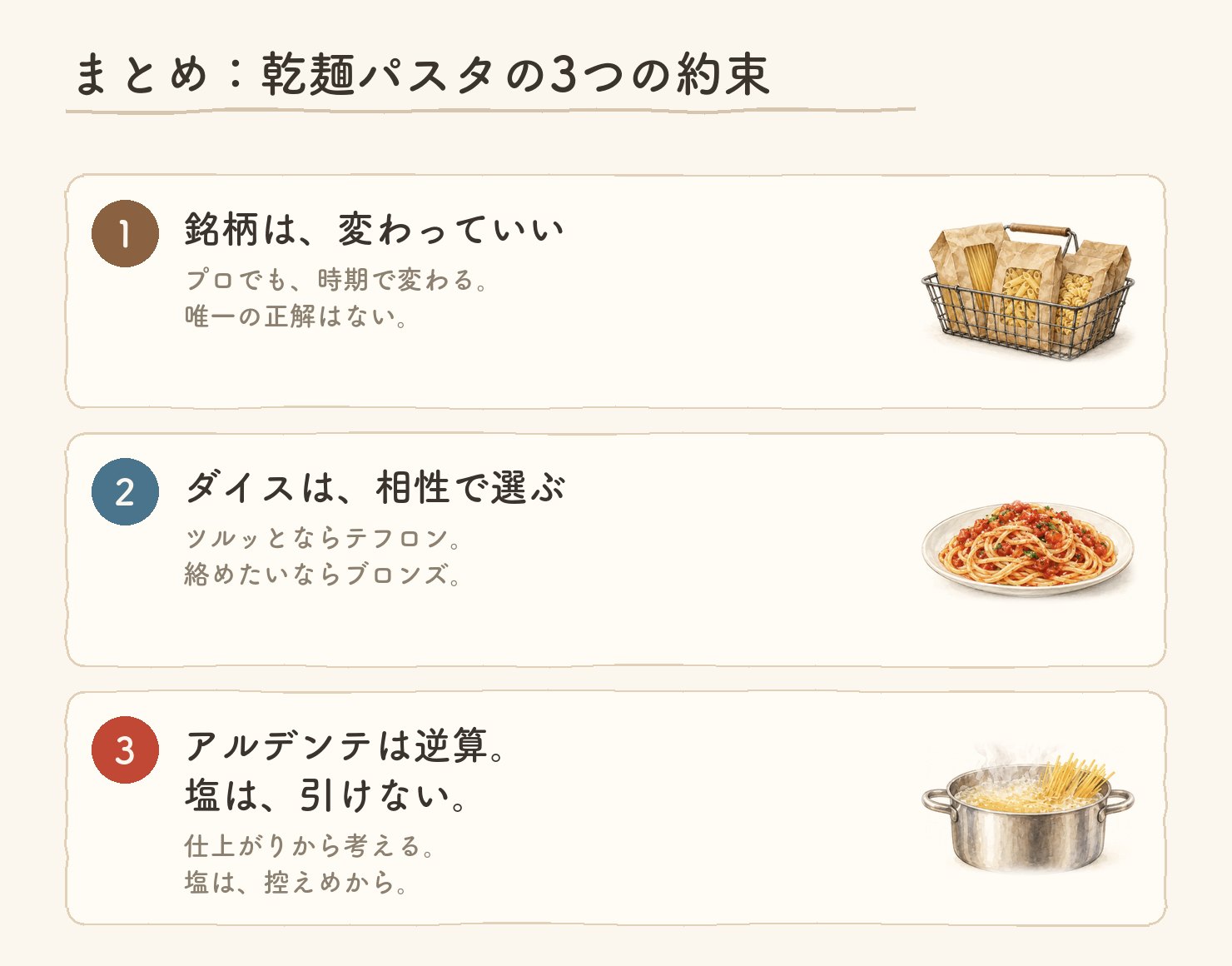 まとめ。銘柄は変わっていい、ダイスは相性で選ぶ、アルデンテは逆算・塩は引けない